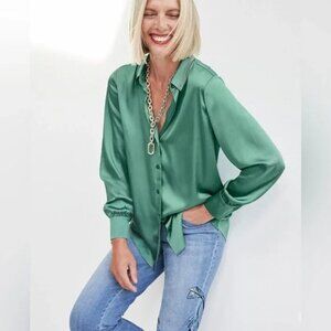 Chico’s Women's Button Down Shirt Size 4 Jeweled Collar Green Satin Top